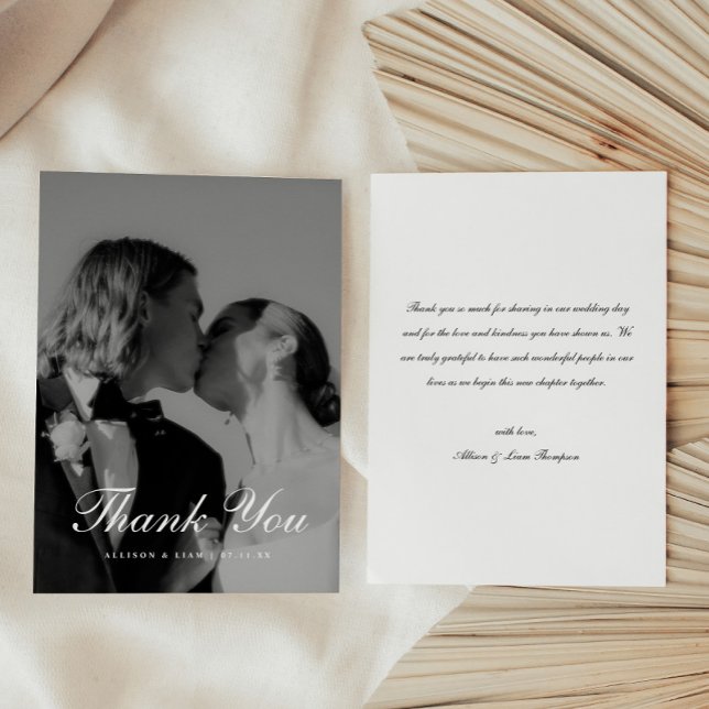 Classic Black & White Script Wedding Photo Tack Kort (Skapare uppladdad)