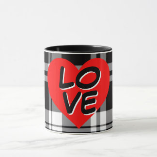 Classic Black White tartan plaid red heart detail Mugg