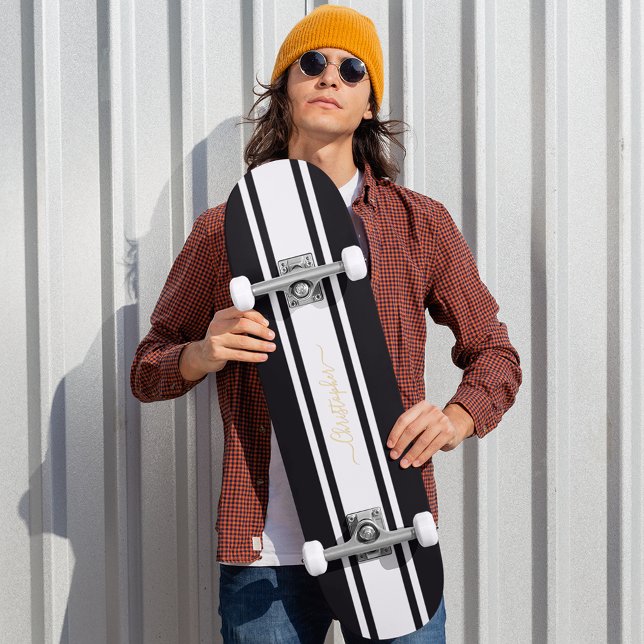 Classic Black White Tävla Rand Guld Monogram Mini Skateboard Bräda 18,5 Cm (Classic Black White Racing Stripes Gold Monogram Skateboard)