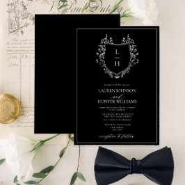 Classic Black Wildblommonogram Vapensköld Bröllop Inbjudningar