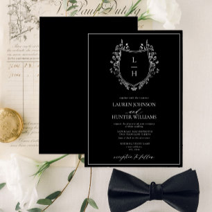 Classic Black Wildblommonogram Vapensköld Bröllop Inbjudningar