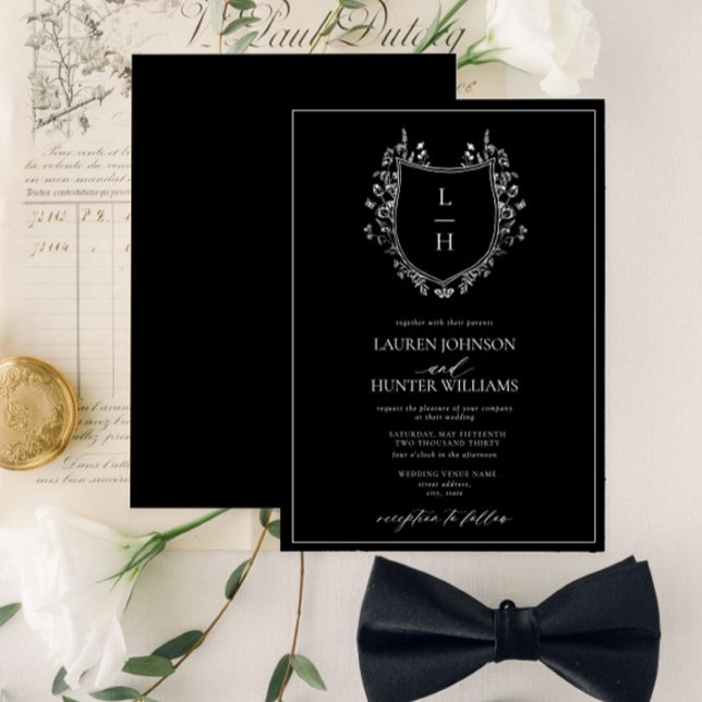 Classic Black Wildblommonogram Vapensköld Bröllop Inbjudningar (Skapare uppladdad)