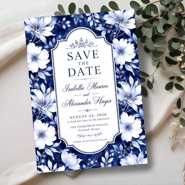 Classic Blue and White Flotal Botanical Spara Datumet (Skapare uppladdad)
