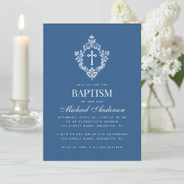 Classic Blue Boy Baptism Cross in Vintage Crest Inbjudningar