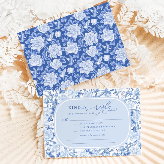 Classic Blue Chinoiserie Bird Peony Bröllop OSA Kort (Skapare uppladdad)
