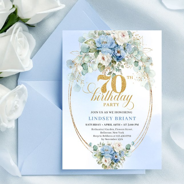 Classic Blue Floral Eucalyptus 70th Birthday Invit Inbjudningar (Classic Blue Floral Eucalyptus 70th Birthday Invitation

)