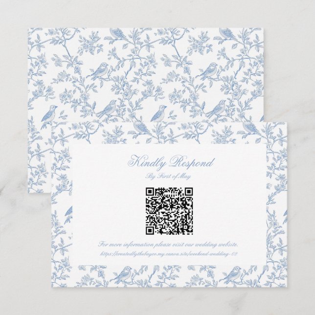 Classic Blue Floral Toile QR code RSVP OSA Kort (Fram/baksida)