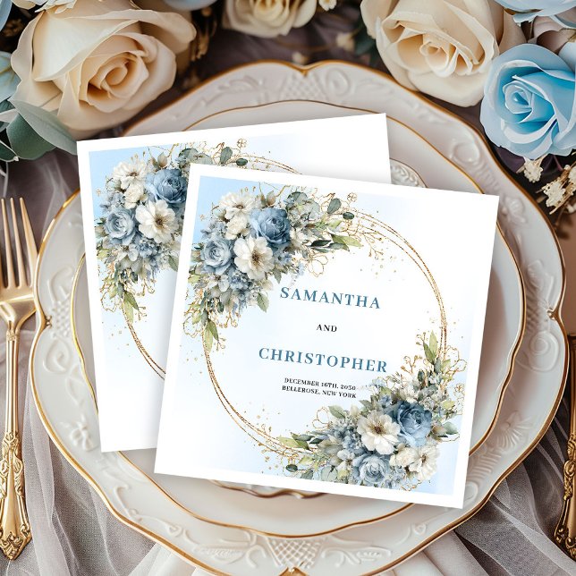 Classic Blue Flowers Gold Frame Wedding Napkins Pappersservett (Classic Blue Flowers Gold Frame Wedding Napkins)