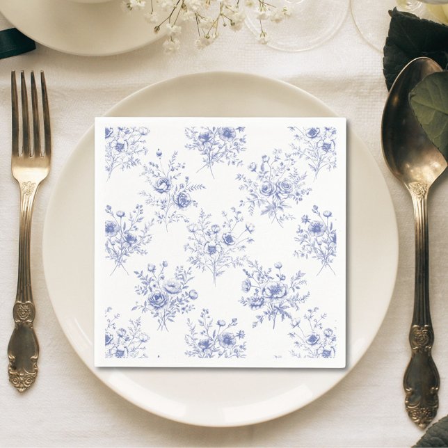 Classic Blue Flowers Pattern French blue toile Pappersservett (In situ)