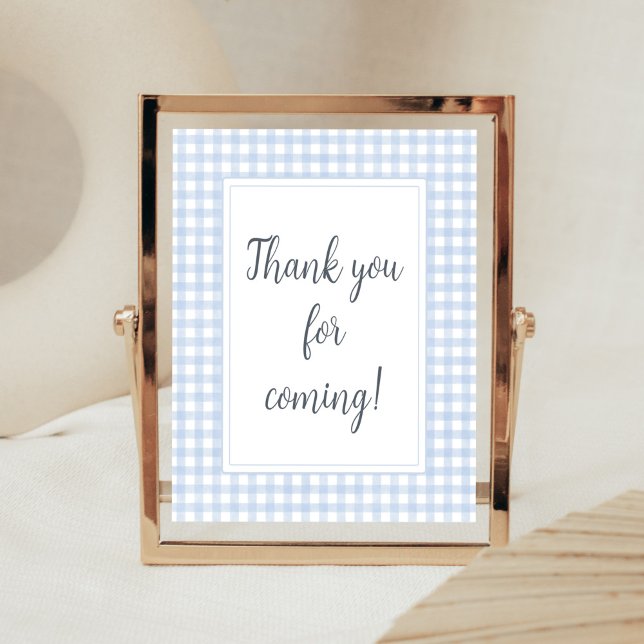 Classic Blue Gingham Tack for Coming Poster (Boy Gingham Baby Shower Thank You for Coming Sign)