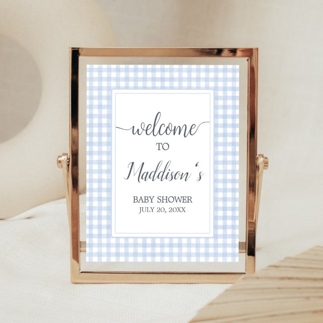 Classic Blue Gingham Welcome Poster (Boy Gingham Baby Shower Welcome Sign)