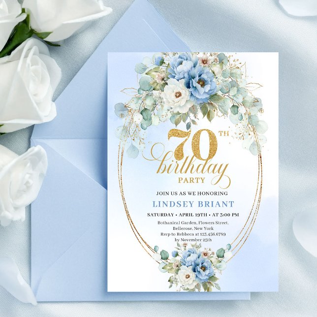 Classic Blue Gold Floral 70th Birthday Invitation  Inbjudningar (Classic Blue Gold Floral 70th Birthday Invitation Set

)