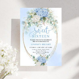 Classic Blue Hydrangea Gold Floral Sweet Sixteen Inbjudningar