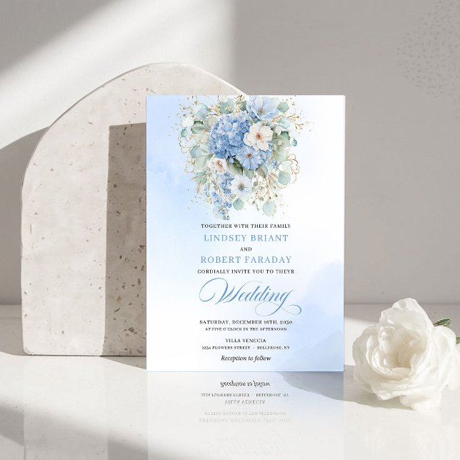 Classic Blue Hydrangea Gold Floral Wedding Invite Inbjudningar (Classic Blue Hydrangea Gold Floral Wedding Invite)