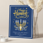 Classic Blue och Gult Menorah Lycklig Hanukkah Julkort<br><div class="desc">Skicka Önskemål med det här Helgdag-kortet som innehåller ett häpnadsväckande skript i Lycklig Hanukkah och Menorah Candles för att markera hälsning-meddelandet.</div>