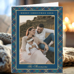 Classic Blue Plaid Vintage Photo Christmas Folded Helgkort