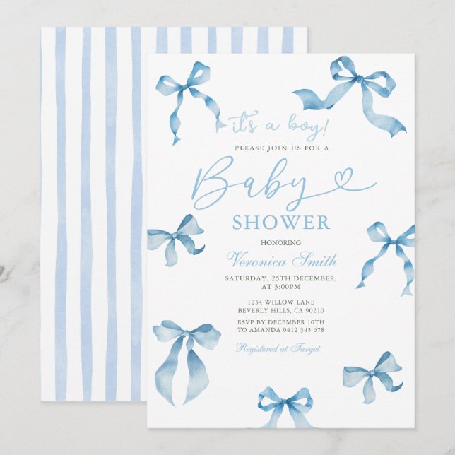 Classic Blue Ribbon Bow Baby Shower Invite Inbjudningar (Fram/baksida)