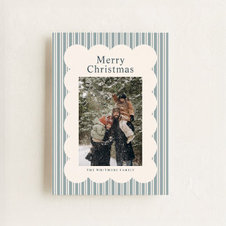 Classic Blue Stripe Photo Holiday Card Julkort