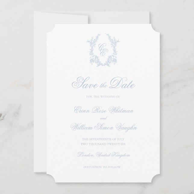 Classic Blue Wedding Crest Save The Date Invite Inbjudningar (Framsida)