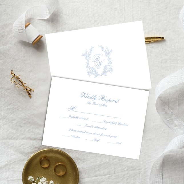 Classic Blue Wedding Monogram Crest Response Card OSA Kort (Skapare uppladdad)