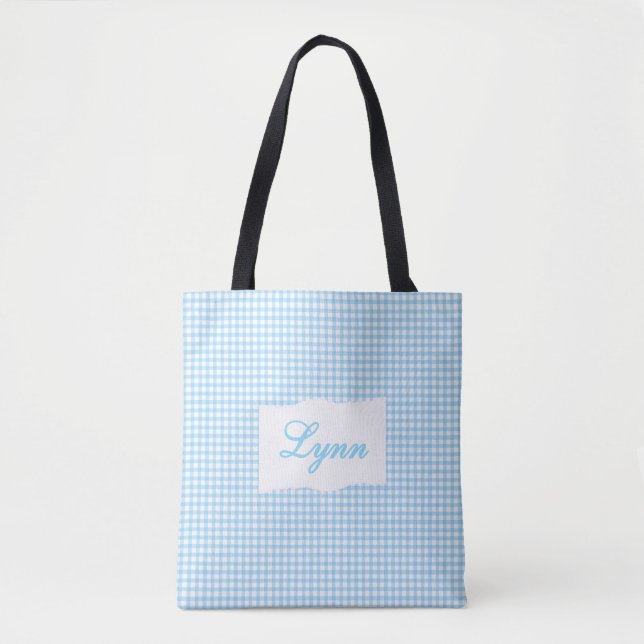 Classic Blue & White Gingham | Personalized Name Tygkasse (Framsida)
