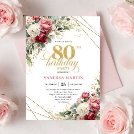 Classic Blush Burgundy Floral 80th Birthday Invite Inbjudningar