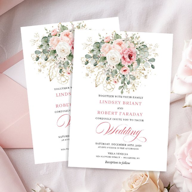 Classic Blush Peonies Gold Floral Wedding Invites Inbjudningar (Classic Blush Peonies Gold Floral Wedding Invitation)