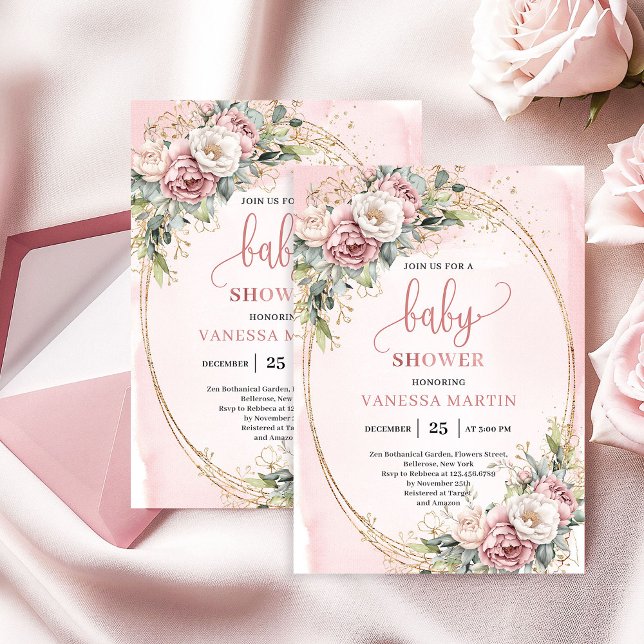 Classic Blush Pink Floral Eucalyptus Baby Shower Inbjudningar (Classic Blush Pink Floral Eucalyptus Baby Shower)