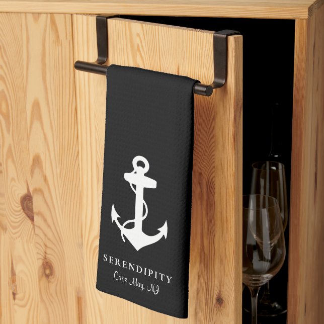 Classic Boat Anchor Monogram Black Kökshandduk (Thirds Fold)