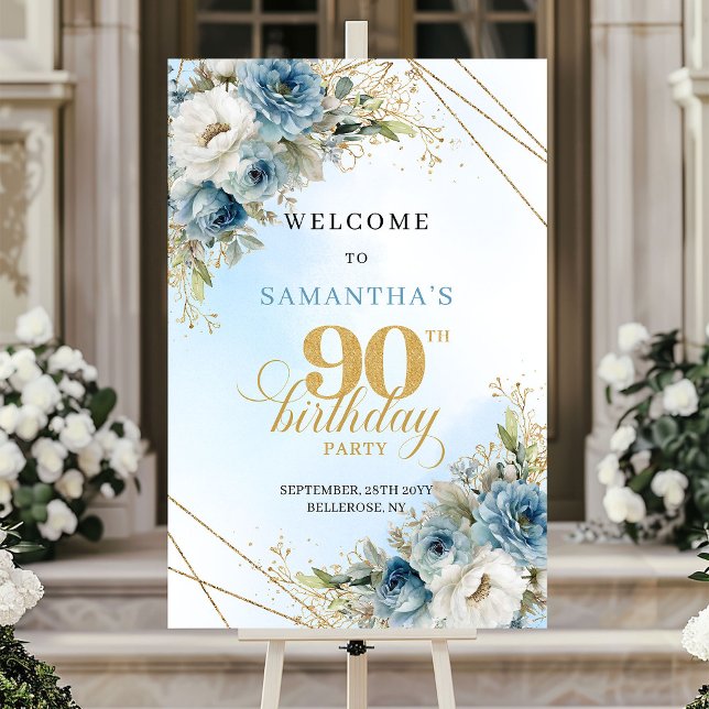 Classic boho blue florals gold frame 90th birthday poster (Classic boho blue florals gold frame 90th birthday sign

)