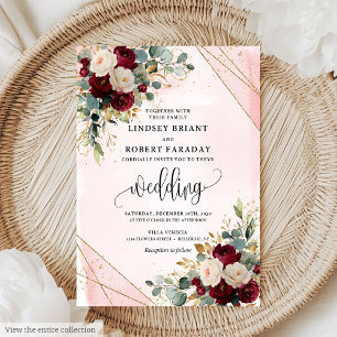 Classic Boho Burgundy Guld blommor Bröllop Inbjudningar