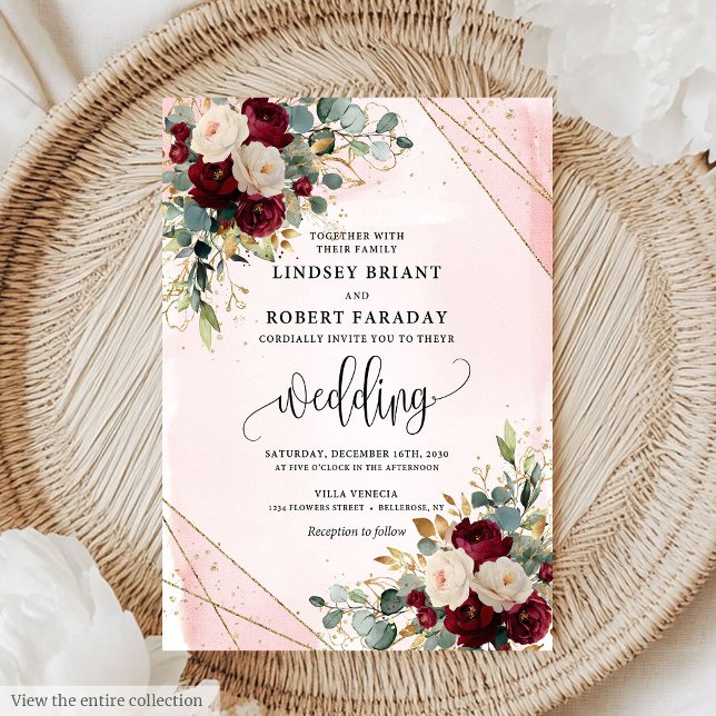 Classic Boho Burgundy Guld  blommor Bröllop Inbjudningar (Classic Boho Burgundy Gold Blush Flowers Wedding Invitation)