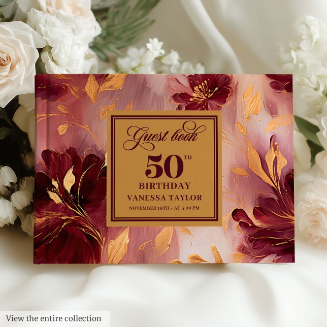 Classic Boho Burgundy  Guld Flowers 50:e Gästböcker (Classic Boho Burgundy Blush Gold Flowers 50th Day)