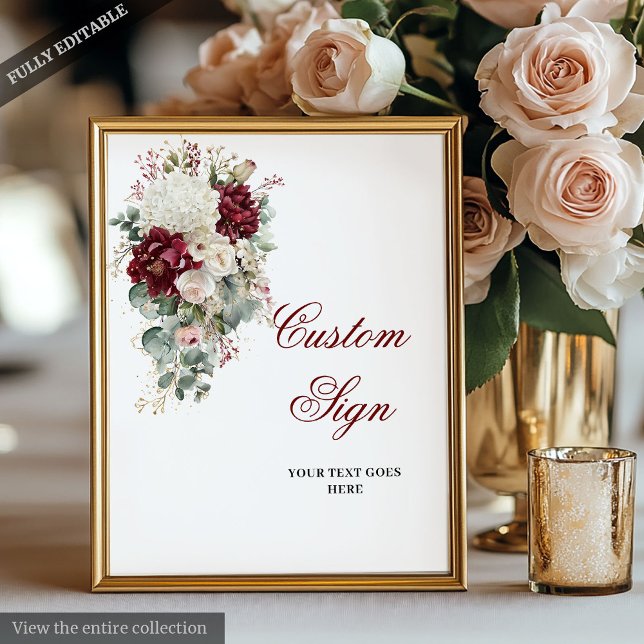 Classic Boho Burgundy Vit ros Personligt bröllp Poster (Classic Boho Burgundy White Rose Custom Wedding Sign)