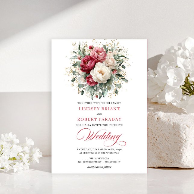 Classic Boho Crimson Red Blush Greenery Invitation Inbjudningar (Classic Boho Crimson Red Blush Greenery Invitation)