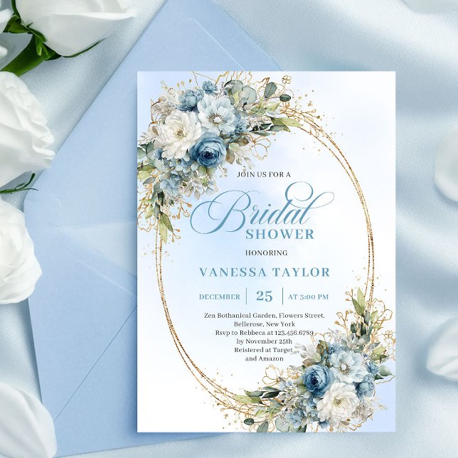 Classic Boho Dusty Blue Floral Gold Bridal Shower Inbjudningar (Classic Dusty Blue Floral Gold Bridal Shower Invitation)