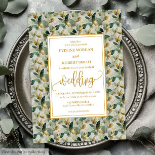 Classic Boho Forest Grönt Guld Eucalyptus Bröllop Inbjudningar
