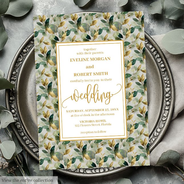 Classic Boho Forest Grönt Guld Eucalyptus Bröllop Inbjudningar (Classic Boho Forest Green Gold Eucalyptus Wedding Invitation)
