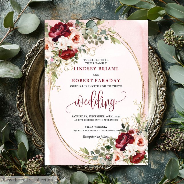 Classic Boho Merlot Gold Floral Wedding Invitation Inbjudningar (Classic Boho Merlot Gold Floral Wedding Invite)