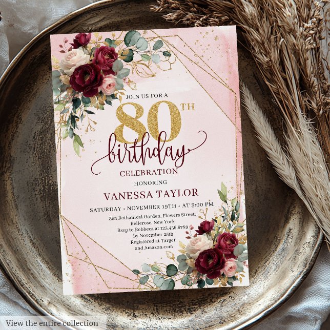 Classic Boho Merlot Guld Flowers 80:e födelsedagen Inbjudningar (Classic Boho Merlot Gold Flowers 80th Birthday Invitation)