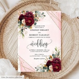 Classic Boho Merlot Guld White Flowers Bröllop Inbjudningar