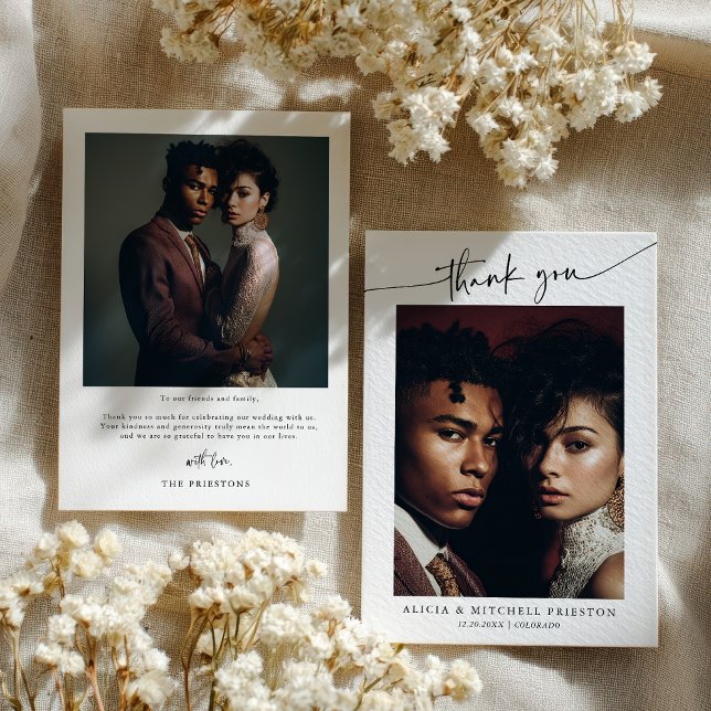 Classic Boho Minimalist Script Wedding Photo Tack Kort (Classic Boho Minimalist Script Wedding Photo Thank You Card)