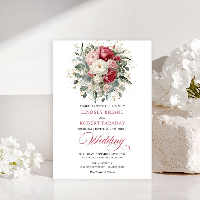 Classic Boho Red White Gold Floral Wedding Invite Inbjudningar (Classic Boho Red White Gold Floral Wedding Invitation)