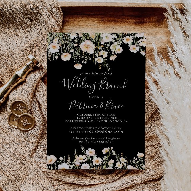 Classic Boho  Wildblomme Black Bröllop Brunch Inbjudningar (Skapare uppladdad)