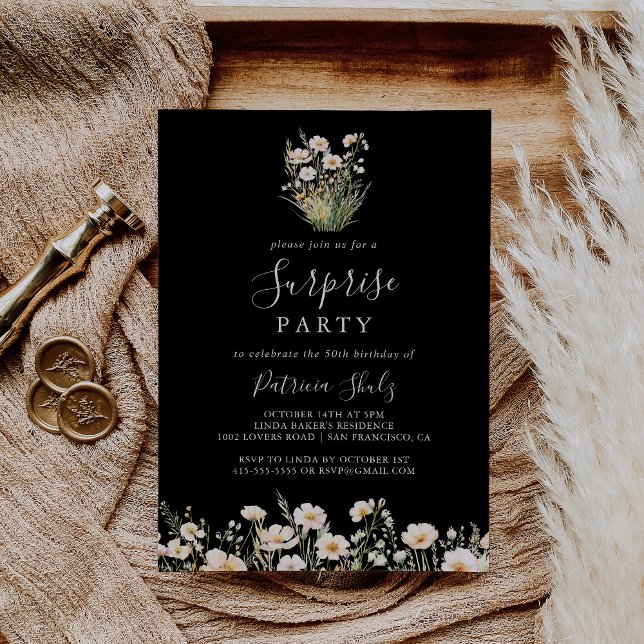 Classic Boho  Wildblomme Black Surprise Party Inbjudningar (Skapare uppladdad)