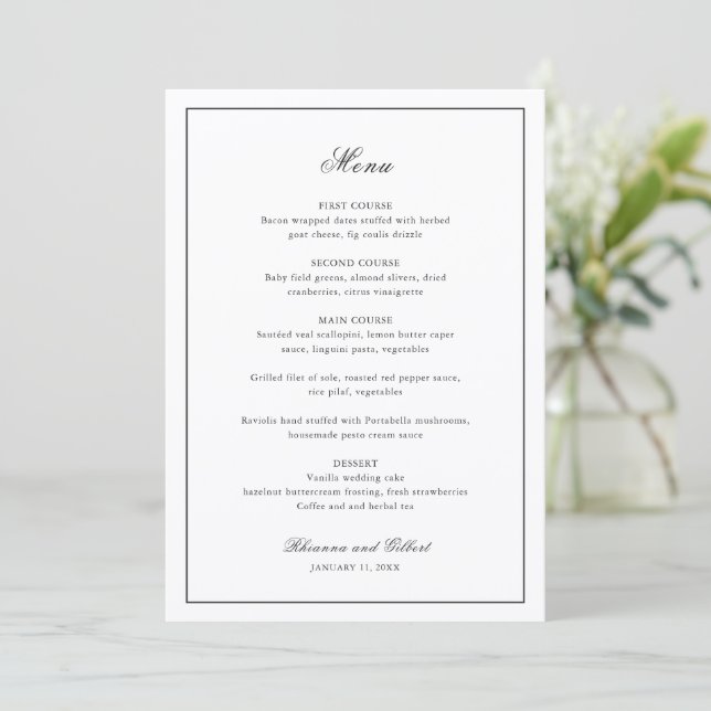 Classic Border Black and White Timeless Wedding Meny (Stående Fram)