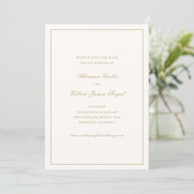 Classic Border Ivory and Gold Timeless Wedding Spara Datumet (Stående Fram)