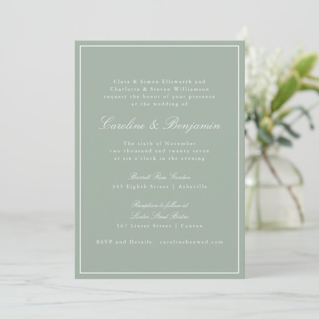 Classic Border Script Elegant Wedding Sage RSVP Inbjudningar (Stående Fram)