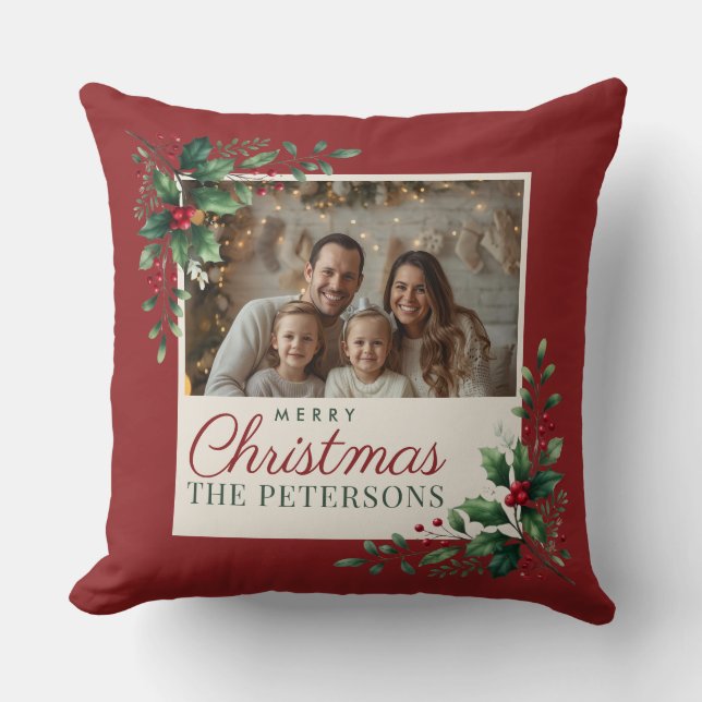 Classic Botanical Red Custom Photo Christmas Kudde (Framsida)