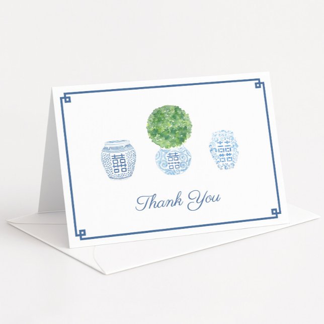 Classic Boxwood Topiary Ginger Burk Födelsedagsfes Tack Kort (Watercolor preppy boxwood topiary with ginger jars folding thank you card design greek key border)